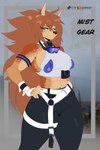 abs anthro athletic bandage big_breasts blue_eyes bottomwear breasts brown_hair clothing eyewear female fur goggles hair hand_on_hip long_hair looking_down messy_hair midriff multicolored_body multicolored_fur muscular muscular_female pants science_fiction simple_background solo tan_body tan_fur unimpressed sly_shadex alexa_(sly_shadex) canid canine canis jackal mammal 2:3 absurd_res flat_colors hi_res