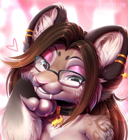 abstract_background anthro arm_tuft black_collar blue_eyes brown_body brown_fur brown_hair cheek_tuft collar ear_piercing ear_ring eyeshadow eyewear facial_tuft fangs female fur glasses grin hair inner_ear_fluff makeup piercing pink_eyeshadow pink_nose rectangular_glasses ring_piercing shoulder_tuft smile solo tan_body tan_fur teeth tuft white_body white_fur white_inner_ear_fluff bloominglynx felid mammal 2025 absurd_res bust_portrait hi_res portrait
