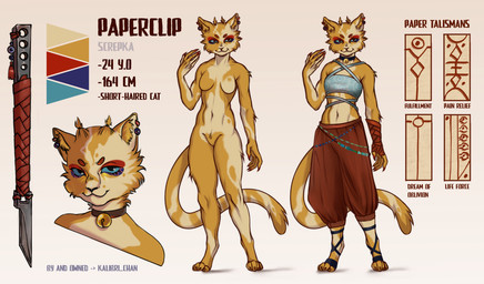 4_toes 5_fingers anthro armwear athletic athletic_anthro athletic_female bell bell_choker biped blue_eyes bottomwear breasts cheek_tuft clothed clothing color_swatch cutaway digitigrade ear_piercing expression_cutaway facial_markings facial_tuft featureless_breasts featureless_crotch feet female female_anthro fingers front_view fully_clothed fur head_markings humanoid_hands inner_ear_fluff looking_at_viewer markings midriff multicolored_body multicolored_fur navel nude off/on piercing solo standing talisman text toes topwear tuft two_tone_body two_tone_fur two_tone_tail weapon white_body white_fur yellow_body yellow_fur yellow_inner_ear_fluff kalibri_chan skrepka domestic_cat felid feline felis mammal artist_name character_name digital_drawing_(artwork) digital_media_(artwork) english_text hi_res model_sheet species_name