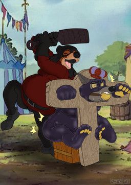 anthro ball_gag belly big_belly bodily_fluids bottomwear box butt_slap clothing container duo executioner_hood footwear gag gimp_suit gloves handwear hat headgear headwear latex male male/male moobs mostly_nude nude open_mouth paddle paddling pants pawpads punishment restraints shirt shoes sitting slap smile spanking stocks sweat sweatdrop topwear g00da kandlin disney robin_hood_(disney) little_john sheriff_of_nottingham bear brown_bear canid canine canis mammal ursine wolf 2024 absurd_res hi_res shaded
