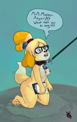 accessory anthro bell blush bodily_fluids breasts caption clipboard collar cum cum_on_eyewear cum_on_face cum_on_glasses dialogue drooling english_honorific eyewear female fur genital_fluids glasses hair hair_accessory hairband heart_eyes heart_symbol holding_clipboard holding_object honorific intense_stutter nipples nude open_mouth saliva simple_background solo speech_bubble stuttering teeth text yellow_body yellow_fur newd animal_crossing nintendo isabelle_(animal_crossing) canid canine canis domestic_dog mammal shih_tzu toy_dog english_text