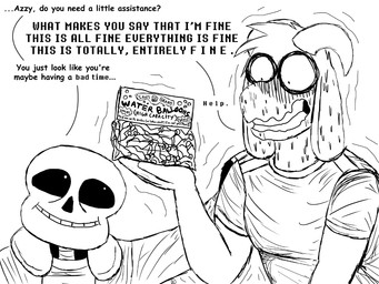 anthro bag balloon blush bodily_fluids bone clothed clothing container dialogue duo embarrassed eyebrows hand_on_shoulder happy horn humor inflatable looking_at_another male nervous nervous_smile nervous_sweat shaking skeleton smile sweat text water_balloon komododad deltarune undertale undertale_(series) asriel_dreemurr sans_(undertale) animated_skeleton boss_monster_(undertale) bovid caprine goat humanoid mammal undead 2025 4:3 black_and_white comic english_text hi_res monochrome
