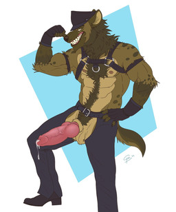 abs animal_genitalia animal_penis anthro armband balls belt big_penis bodily_fluids boots canine_genitalia canine_penis chaps clothed clothing erection fingerless_gloves footwear genital_fluids genitals gloves handwear harness hat headgear headwear knot leaking_precum leather leather_clothing leather_daddy leather_hat leather_headgear leather_headwear male muscular muscular_male partially_clothed penis precum sheath shoes solo vein veiny_penis goldeyboi vincent_(lordvincent14) hyena mammal 2022 hi_res