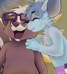 anthro blue_body blue_hair brown_body clean_diaper clothed clothing diaper duo eyes_closed eyewear fur glasses hair happy hug kissing_cheek male male/male markings one_eye_closed purple_eyes spots spotted_body spotted_fur wearing_diaper white_hair hammymushpants gentle_(thetamule) snow_(hammymushpants) mammal mephitid mouse murid murine rodent skunk 2024 digital_drawing_(artwork) digital_media_(artwork)