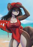 anthro beach big_breasts black_hair blue_eyes breasts cleavage clothed clothing female hair jewelry lifeguard one-piece_swimsuit seaside solo sport_swimsuit swimwear text text_on_clothing text_on_swimwear wide_hips sherr sila_dione mammal procyonid raccoon absurd_res digital_media_(artwork) english_text hi_res