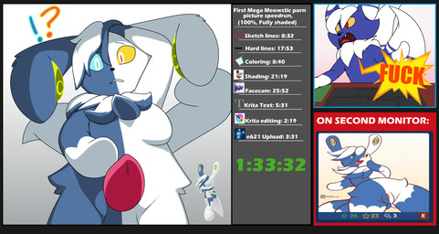 anthro bilateral_gynandromorphism confusion exclamation_point female genetic_chimerism genitals gynomorph intersex penis profanity question_mark simple_background sitting_at_desk solo speedrun standing text white_background jaylus_t_meowstic e621 krita_(copyright) nintendo pokemon pokemon_legends_z-a psypaw_longears_(jaylus_t_meowstic) felid generation_6_pokemon generation_9_pokemon mammal mega_evolution mega_meowstic meowstic meowstic_(male) pokemon_(species) digital_drawing_(artwork) digital_media_(artwork) e621_post_recursion english_text hi_res reference_image herm_(lore)