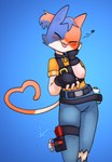 4_fingers anthro bell bell_collar belt black_belt black_clothing black_collar black_fingerless_gloves black_gloves black_handwear black_topwear black_vest blep blue_background blue_body blue_bottomwear blue_clothing blue_fur blue_hair blue_jeans blue_pants blush bottomwear closed_smile clothed clothing collar container cute_fangs denim denim_bottomwear denim_clothing eyelashes eyes_closed fangs female fingerless_gloves fingers front_view fully_clothed fur gesture gloves hair hammer hand_on_cheek handwear happy heart_reaction heart_symbol jeans jingle_bell jingle_bell_collar milk_carton milk_container mouth_closed multicolored_body multicolored_fur multicolored_hair orange_body orange_clothing orange_fur orange_hair orange_shirt orange_topwear pants ponytail pouch_(clothing) shirt simple_background smile solo standing tail tail_gesture tail_heart teeth tongue tongue_out tools topwear torn_bottomwear torn_clothing torn_jeans torn_pants two_tone_hair vest white_body white_fur dydy_silva cc-by-nc-nd creative_commons epic_games fortnite cate_meowdy calico_cat domestic_cat felid feline felis mammal 2025 digital_media_(artwork) hi_res portrait shaded signature soft_shading three-quarter_portrait