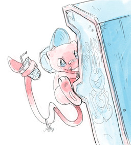 ambiguous_gender anthro arcade_machine band-aid bandage beverage blue_eyes clothing floating fur hat headgear headwear pink_body pink_fur simple_background solo tongue tongue_out white_background tracey-sketchit nintendo pokemon generation_1_pokemon legendary_pokemon mew_(pokemon) pokemon_(species)