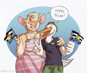 anthro bottomwear breasts clothed clothed_anthro clothed_female clothed_male clothing dress duo feathers female flag fur grin lgbt_pride male male/female pride_colors shirt shorts smile straight_ally_colors tan_body tan_fur topwear white_body white_feathers kantachibli lgbt_pride_month clover_(kantachibli) phillip_(kantachibli) avian bird bovid bovine cattle heron mammal pelecaniform hi_res