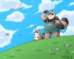 anthro black_nose blush clothing cloud detailed_background dot_eyes feral grey_body kemono male outside overalls overweight overweight_male shirt topwear kemonuo bonasiah zoohomme rocco_(zoohomme) mammal procyonid raccoon 2022 5:4 hi_res