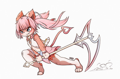 2_horns 3_toes 4_fingers alternate_species anthro bangs bent_leg black_nose blue_eyes blue_horn blush bottomwear bow_tie bracelet claws clothed clothed_anthro clothed_female clothing dust_cloud eyebrows eyelashes feet female female_anthro fingers fully_clothed fully_clothed_anthro fully_clothed_female fur furrification hair holding_melee_weapon holding_object holding_polearm holding_scythe holding_weapon horn jewelry leggings legwear light long_hair melee_weapon multicolored_body multicolored_fur multicolored_horn pigtails pink_body pink_bottomwear pink_bow_tie pink_bracelet pink_clothing pink_fur pink_horn pink_ribbon pink_skirt pink_tail polearm running scythe shirt short_horn simple_background skirt small_horn small_nose smile solo spade_tail straight_arms tail toe_claws toes topwear two_tone_body two_tone_fur two_tone_horn weapon white_background white_body white_claws white_clothing white_eyebrows white_fur white_leggings white_legwear white_shirt white_topwear kjh_22 vtuber chibidoki domestic_cat felid feline felis mammal 2022 absurd_res colored digital_drawing_(artwork) digital_media_(artwork) full-length_portrait hi_res lighting portrait shaded signature