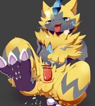 anus balls blue_eyes blush bodily_fluids censor_bar cum erection genital_fluids genitals ineffective_censorship male penis sitting solo tongue tongue_out okunawa nintendo pokemon felid generation_7_pokemon legendary_pokemon mammal pokemon_(species) zeraora 2020 censored hi_res