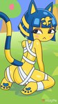 anthro blue_hair butt female hair kneeling looking_back mummy_wrappings pawpads presenting presenting_hindquarters solo yellow_body vitzypie animal_crossing nintendo ankha_(animal_crossing) domestic_cat felid feline felis mammal 9:16 hi_res