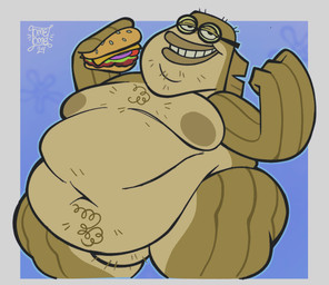 anthro areola belly belly_hair belly_rolls big_belly body_hair chest_hair double_chin eyewear facial_hair fin fupa glasses green_body half-closed_eyes krabby_patty looking_at_viewer male moobs narrowed_eyes nerd nude nude_anthro nude_male obese obese_anthro obese_male overweight overweight_anthro overweight_male pose pubes scales smile solo standing thick_thighs wide_hips omeome nickelodeon spongebob_squarepants bubble_bass aquatic fish perciform percoid sea_bass
