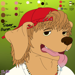 anthro backwards_cap backwards_hat big_pupils bodily_fluids clothed clothing coat dilated_pupils eyebrows eyelashes green_background green_eyes half-closed_eyes hat headgear headwear jaundice lab_coat lanyard male name_drop narrowed_eyes open_mouth palette pupils saliva saliva_on_tongue shirt shoulder_length_hair simple_background solo teeth text tongue topwear tunnel_piercing wet_tongue pookashifts trevor_aurum bird_dog canid canine canis domestic_dog golden_retriever hunting_dog mammal retriever 1:1 artist_name colored hi_res signature