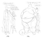 anthro barefoot before_and_after bottomwear clothed clothing dialogue dress_shirt duo eyewear fat_rolls feet footwear fully_clothed glasses holding_object jacket macro male measuring moobs navel necktie obese obese_anthro obese_male overweight overweight_anthro overweight_male pants partially_clothed shirt shoes size_difference slim speech_bubble standing step_ladder suit suspenders tail tape_measure text topless topwear weight_gain cettus mythology fritjof canid canine canis domestic_dog dragon mammal mythological_creature mythological_scalie scalie 2024 english_text hi_res sketch