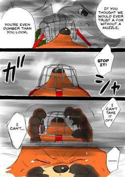 anthro dialogue duo first_person_view male muzzle_(object) muzzled speech_bubble text wire_basket_muzzle mayun disney zootopia nick_wilde canid canine fox mammal red_fox true_fox 2016 comic english_text translated