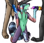 alternative_fashion anthro anthro_on_anthro bodily_fluids box-of-chalk canid canine canis chalky_(thelightforest) colorful_theme coontail_hair cum digital_media_(artwork) domestic_dog erection eyes_closed genital_fluids genitals group iscribble_(artwork) jedrek low_res male male/male mammal multicolored_penis open_mouth penis rainbow rainbow_penis scene_(fashion) scene_haircut simple_background sparkledog tail white_background