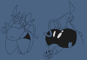 ambiguous_gender anthro belly belly_grab big_belly big_butt big_ears big_horn biped black_clothing bottomwear butt butt_smother clothing duo ear_markings facesitting hair heart_symbol horn huge_butt huge_hips huge_thighs male male/ambiguous moobs navel overweight overweight_male paws sitting_on_another smothering thick_thighs topwear wide_hips nonbinary_bunny orio_(nonbinary_bunny) stultus_(character) demon lagomorph leporid mammal rabbit monochrome nonbinary_(lore)
