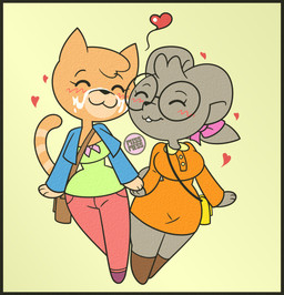 anthro bodily_fluids clothed clothing cum cum_on_face duo eyewear female female/female fur genital_fluids glasses grey_body grey_fur hand_holding heart_symbol yellow_body yellow_fur missmess laidy_liebre_(missmess) mizzy_meows_(missmess) domestic_cat felid feline felis lagomorph leporid mammal rabbit hi_res