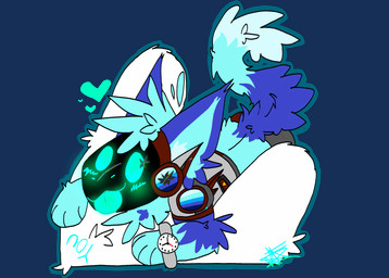4_fingers ambiguous_gender anthro blue_ears blue_eyes blue_hair blue_inner_ear blue_tongue blush blush_lines clock duo fingers fluffy fluffy_tail hair heart_symbol machine protogen_visor tail tongue tongue_out visor watch wristwatch anonymous_artist ryan_the_protogen protogen absurd_res alpha_channel hi_res