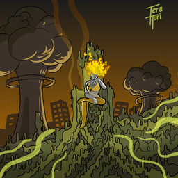 apocalypse chair detailed_background female fire furniture glowing glowing_eyes green_eyes grey_body not_furry nuclear_bomb on_chair radiation radioactive simple_coloring sitting sitting_on_chair slime yellow_outfit teratori elemental_creature humanoid 1:1 shaded simple_shading