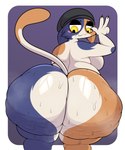 absurd_res anthro back_boob beanie big_breasts big_butt blush bodily_fluids breasts butt calico_cat cellulite clothing domestic_cat ekkokenight epic_games felid feline felis female fortnite gesture hand_gesture hat headgear headwear hi_res huge_butt looking_at_own_butt looking_back mammal meow_skulls multicolored_body nude smile solo sweat sweaty_butt thick_thighs v_sign wide_hips yellow_eyes