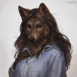 anthro black_nose blue_clothing blue_topwear brown_body brown_eyes brown_fur brown_hair clothed clothing female fur glistening glistening_eyes hair long_hair looking_at_viewer mouth_closed realistic_anthro simple_background solo topwear white_background lostgoose canid canine canis mammal wolf 2023 bust_portrait dated portrait signature