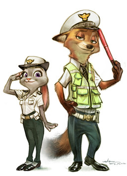 anthro arm_tuft clothed clothing dipstick_ears duo ear_markings elbow_tuft female gesture gloves_(marking) green_eyes hand_on_hip hat headgear headwear holding_object inner_ear_fluff male markings military multicolored_ears navy purple_eyes salute smile topwear tuft uniform vest jh_stonehouse disney zootopia judy_hopps nick_wilde canid canine fox lagomorph leporid mammal rabbit red_fox true_fox hi_res