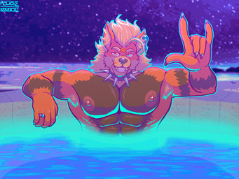 abs anthro anthrofied armpit_hair body_hair collar devil_horns_(gesture) facial_scar gesture hand_gesture hot_tub male muscular muscular_male nipples nude pecs pokemorph raised_arm ring scar smile solo spiked_collar spikes water naudiz_(artist) nintendo pokemon flereous arcanine generation_1_pokemon pokemon_(species) 4:3 absurd_res hi_res