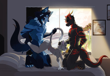 abdominal_bulge alder_cat anal anal_penetration anthro anthro_on_anthro anthro_penetrated anthro_penetrating anthro_penetrating_anthro balls bed_sheet bedding bedroom bedroom_sex bell bell_collar black_body black_fur blue_body blue_fur blue_penis blush bodily_fluids claws collar cum cum_in_ass cum_in_mouth cum_inside curtains curtains_open deep_throat detailed_background dripping evil_face evil_grin eyes_closed eyewear fellatio finger_claws fur genital_fluids genitals glasses grey_body grey_fur grin group group_sex hair hand_on_head hand_on_hip hand_on_leg hands_on_bed holding_tail horn inside kneeling landscape leg_grab long_hair male male/male male_penetrated male_penetrating male_penetrating_male markings multicolored_body multicolored_fur muscle_size_difference muscular muscular_male nipples oral oral_penetration penetration penile penis pillow precum precum_drip precum_on_balls precum_string raised_leg red_body red_fur red_markings saliva saliva_on_tongue scar sex size_difference smile spitroast sweat sweatdrop tail tail_pull teeth threesome toe_claws tongue tongue_out trio wearing_glasses white_body white_fur window yellow_penis mythology skarlax canid canine canis dragon felid feline hybrid mammal mythological_creature mythological_scalie scalie wolf hi_res