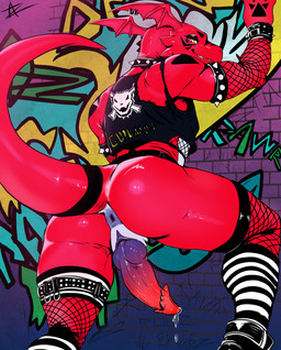 against_surface against_wall anthro anus armwear clothing fishnet_armwear fishnet_clothing fishnet_legwear flirting genitals graffiti legwear looking_at_viewer looking_back looking_back_at_viewer male penis piercing pose presenting solo spiked_penis spikes spikes_(anatomy) street tail topwear torn_clothing torn_topwear azurian bandai_namco digimon digimon_(species) guilmon absurd_res hi_res pinup