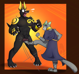 4_fingers 4_toes 5_fingers abs abstract_background angry animal_genitalia anthro arm_markings ballbusting balls biceps biped black_balls black_body black_clothing black_fur black_genitals black_nipples black_nose black_sheath black_tail blue_clothing bodily_fluids border bracelet bruised bruised_balls cape claws clothed clothed/nude clothed_anthro clothing cock_and_ball_torture collar crown duo eyebrows eyes_closed facial_piercing fangs feet fight finger_claws fingers fist flower food footwear front_view fruit fruit_ear_piercing fully_sheathed fur furgonomic_footwear furgonomics genital_torture genitals gold_(metal) gold_bracelet gold_collar gold_jewelry grape grey_body grey_fur grey_genitals grey_tail headgear jewelry kick kicking_balls looking_at_another low_blow male male/male male_anthro markings metal metal_collar monotone_body monotone_genitals motion_lines multicolored_body multicolored_fur muscular muscular_anthro muscular_male nipples nose_piercing nude nude_anthro nude_male open_mouth orange_background pain paws pecs piercing pink_tongue plant plantigrade purple_clothing rear_view reddened_balls ring ring_piercing robe sandals sheath shocked shoes simple_background size_difference smile standing surprised sweat tail tattoo teeth toe_claws toes tongue tongue_out tuft two_tone_body two_tone_fur violence white_claws white_eyes wide_eyed yellow_body yellow_markings yiffy1234 adastra adastra_(series) echo_project alexios_(adastra) neferu_(adastra) anubian_jackal canid canine canis deity domestic_cat felid feline felis jackal mammal digital_media_(artwork) hi_res