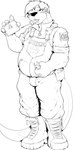 anthro belly boots bottomwear clothing footwear gear hair looking_at_viewer male otter_tail overalls pants screwdriver shoes solo text text_on_clothing tool_in_mouth tools wrench pandottermon mammal mustelid otter 1:2 hi_res monochrome