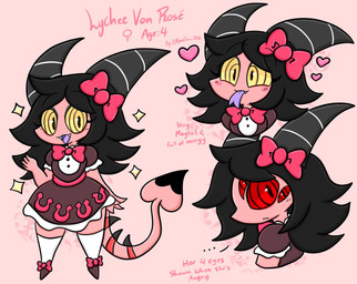 accessory anthro black_hair bow_ribbon clothing dress female hair hair_accessory hair_bow hair_ribbon heart_symbol horn multi_eye pink_body red_eyes ribbons solo spade_tail tail text tongue tongue_out yellow_eyes lewdchuu hellaverse helluva_boss lychee_(lewdchuu) demon imp 2023 digital_media_(artwork) english_text hi_res model_sheet