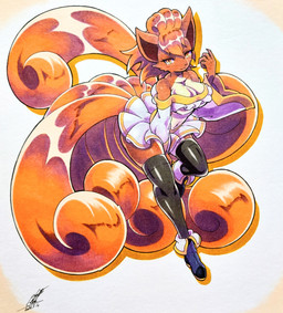 anthro anthrofied blush blush_lines bottomwear breasts clothing eyebrow_through_hair eyebrows eyelashes female footwear fur hair legwear looking_at_viewer multi_tail navel open_mouth orange_body orange_fur orange_hair pokemorph shoes simple_background skirt solo tail translucent translucent_hair yellow_eyes 025aki nintendo pokemon fan_character canid canine generation_1_pokemon mammal pokemon_(species) vulpix 2026 absurd_res dated hi_res signature