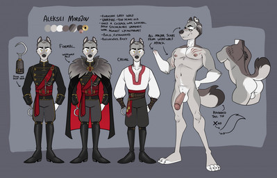alternate_costume amputee anthro backsack balls big_penis butt clothed clothing disability fangs genitals grey_hair hair hook hook_hand huge_penis humanoid_genitalia humanoid_penis male musclegut muscular nipples nude off/on penis scar smile smirk smug smug_face solo teeth text cadaverrdog aleksei_(cadaverrdog) canid canine canis eurasian_wolf mammal vampire wolf english_text model_sheet