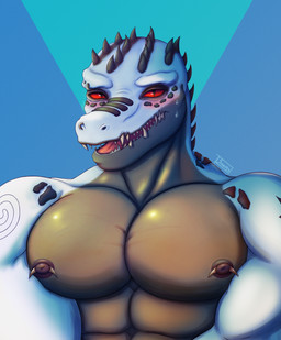 abs anthro big_muscles big_pecs blush bodily_fluids eyebrow_piercing eyeshadow facial_piercing flustered green_body looking_at_viewer makeup male multicolored_body muscular muscular_male nipple_piercing nipples nose_piercing open_mouth pec_squeeze pecs piercing red_sclera scales sharp_teeth simple_background solo spikes spikes_(anatomy) sweat tattoo teeth tongue two_tone_body white_body sinarts aaron_(sinarts) crocodile crocodilian reptile scalie absurd_res hi_res