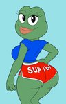 anthro big_butt bottomwear butt butt_focus clothing cursed_image curvy_figure dolphin_shorts female hotpants looking_back shirt shorts smile smiling_at_viewer solo text text_on_bottomwear text_on_clothing text_on_hotpants text_on_shorts topwear what tansau /b/ 4chan pepe_the_frog amphibian frog hi_res meme