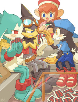 anthro backwards_baseball_cap backwards_hat baseball_cap black_body black_fur blue_clothing blue_eyes blue_shirt blue_topwear bottomwear card clenched_teeth clothing female footwear fur furniture gloves green_body green_fur group handwear hat headgear headwear kemono male on_sofa playing_card red_clothing red_eyes red_footwear red_shoes red_sneakers shirt shoes shorts simple_background sitting sitting_on_sofa smile smirk sneakers sofa teeth topwear white_background yellow_clothing yellow_eyes yellow_gloves yellow_handwear young young_anthro young_male amber_graygamma bandai_namco klonoa_(series) guntz king_of_sorrow klonoa lolo_(klonoa) 2024 hi_res