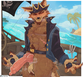animal_genitalia animal_penis anthro ball_tuft big_penis bodily_fluids canine_genitalia canine_penis claws clothed clothing erection facial_hair fangs front_view genitals goatee gold_(metal) gold_tooth grin knot male male_anthro muscular muscular_anthro muscular_male musk nipples open_clothing open_topwear penis pirate_hat pubes red_eyes sea sharp_teeth ship smile solo sweat teeth topwear tropical tuft vehicle water watercraft nick7005 indigo_park skurv_the_coyote_(indigo_park) canid canine canis coyote mammal 2025 absurd_res hi_res signature