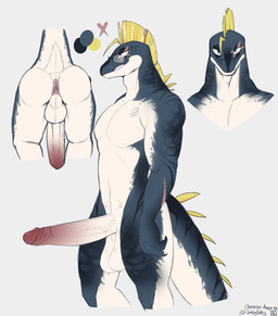 anthro anus balls big_penis butt erection eyewear foreskin genitals glasses humanoid_genitalia humanoid_penis male partially_retracted_foreskin pecs penis retracted_foreskin scar solo spines exsys theo_(exsys) lizard reptile scalie flat_colors hi_res model_sheet
