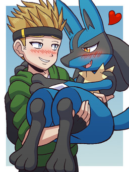 3_fingers 3_toes ambiguous_gender anthro black_body black_fur blonde_hair blue_body blue_eyes blue_fur blush blush_lines clothed clothed_human clothed_male clothing duo feet fingerless_gloves fingers fur gloves hair handwear happy heart_symbol holding_partner light_body light_skin love male orange_eyes romantic romantic_couple simple_background tan_body tan_fur teeth toes retsgar nintendo pokemon matt's_lucario_(retsgar) matt_(retsgar) generation_4_pokemon human lucario mammal pokemon_(species) 3:4 digital_media_(artwork) hi_res female_(lore) male_(lore)