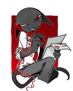 abstract_background accessory anthro biped black_body black_fur clothing electronics eye_scar facial_scar fur holding_object necktie open_mouth open_smile phone red_eyes red_necktie scar simple_background smile solo toony carbontrioxide mewgenics zodiac_(mewgenics) domestic_cat felid feline felis mammal 2026 digital_media_(artwork) hi_res