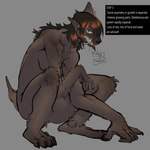1:1 absurd_res anthro breasts brown_body brown_fur brown_hair canid canine claws crouching english_text eye_waterline fangs female fur hair hi_res mammal mid_transformation nipples nude paws solo teeth text thecore34