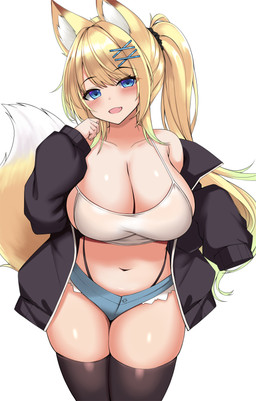 big_breasts blonde_hair blue_eyes blush bottomwear breasts cleavage clothed clothing crop_top denim denim_bottomwear denim_clothing denim_shorts dipstick_tail eyebrow_through_hair eyebrows eyelashes female flesh_fang hair hotpants markings navel ponytail shirt shorts skimpy solo tail tail_markings thong_straps topwear translucent translucent_hair sogaya animal_humanoid canid canid_humanoid canine canine_humanoid fox_humanoid humanoid mammal mammal_humanoid 2026 absurd_res hi_res