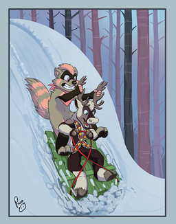anthro antler_grab antlers bared_teeth black_body black_fur blue_border blue_eyes border cheek_tuft duo facial_tuft fur grey_body grey_fur grey_tail hair horn logo male male_anthro markings nude open_mouth open_smile pink_eyes pink_hair pink_tail plant red_tongue short_hair sled smile snow striped_markings striped_tail stripes tail tail_markings teeth tongue tree tuft white_body white_fur white_hair pandapaco deer mammal new_world_deer procyonid raccoon reindeer artist_logo signature