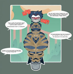 anthro bdsm bondage bound cement_shoes degradation dirty_talk gag gagged genitals kidnapping male muffled_speech penis rope small_penis sock_gag solo tape tape_gag text stockingmiami hellaverse helluva_boss stolas_(helluva_boss) goetia english_text hi_res
