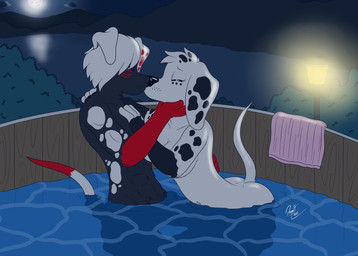 abs anthro breasts butt butt_out_of_water covering covering_breasts duo eyes_closed female hot_tub kissing lake lamp lantern making_out male male/female moon mountain muscular plant shrub towel doggettdouglasmcdog 101_dalmatian_street 101_dalmatians disney dolly_(101_dalmatians) canid canine canis dalmatian domestic_dog mammal absurd_res hi_res