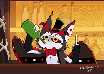 accessory alcohol anthro bar beverage bottle claws clothing container drinking ears_up eyebrows feathered_wings feathers finger_claws fur gesture glass grey_body grey_fur hand_gesture hat headgear headwear looking_at_viewer male middle_finger necktie shirtless solo suspenders top_hat wings yellow_eyes lilfields96 hazbin_hotel hellaverse husk_(hazbin_hotel) demon domestic_cat felid feline felis mammal